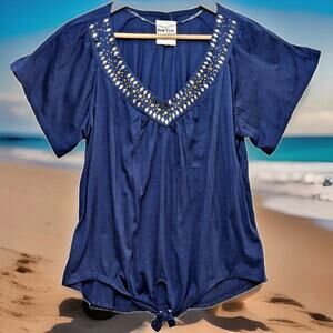 New York Laundry Top Navy Blue Tie Front Embellished Neckline Tunic Size Large